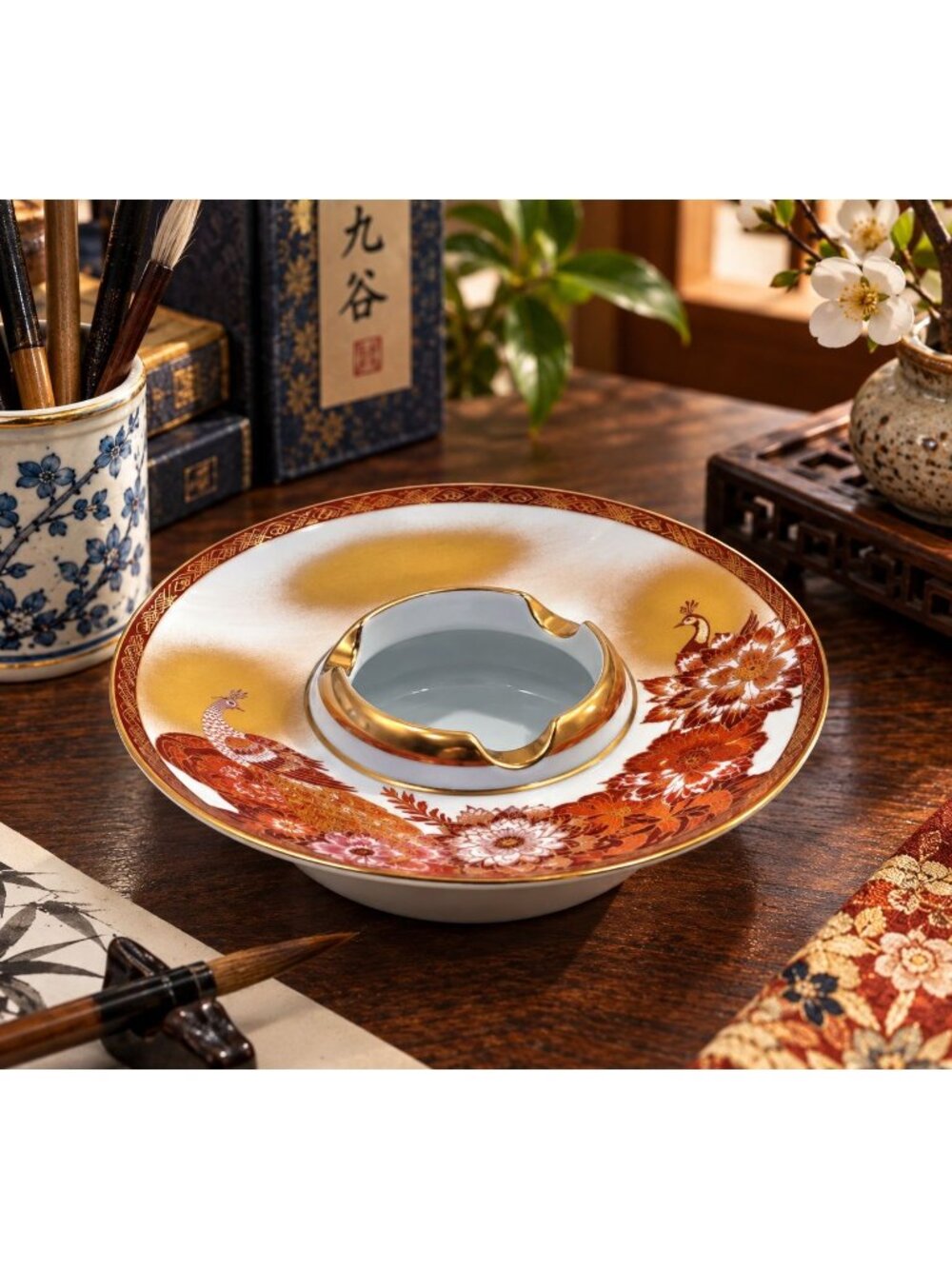 Kutani Peacock & Peony Water Well or Ashtray From the Meiji Period